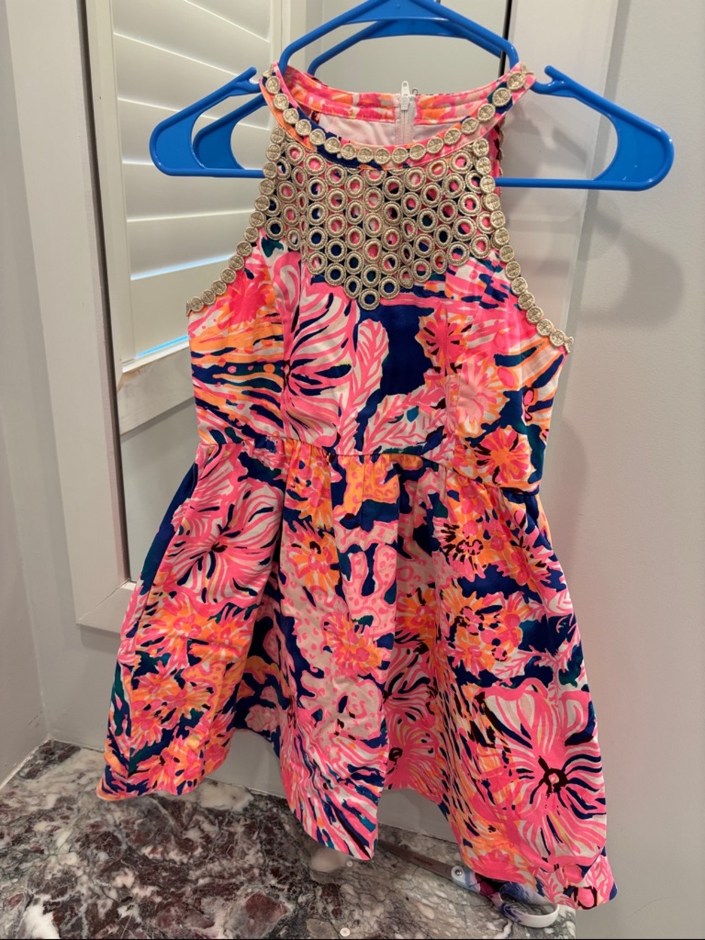 Lilly Pulitzer Girls Pink Navy Orange Floral Halo-Neck Dress with pockets.